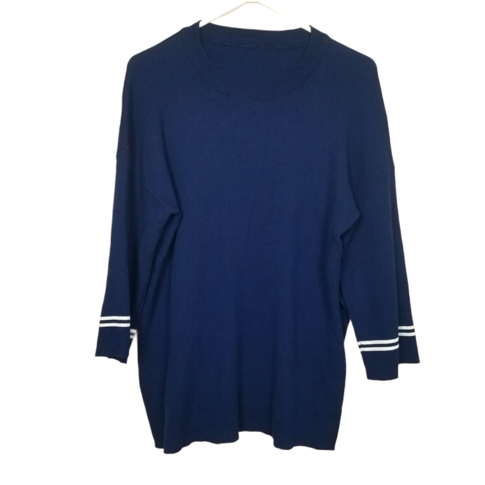 Boutique Navy White Boatneck Split Hem Sweater M